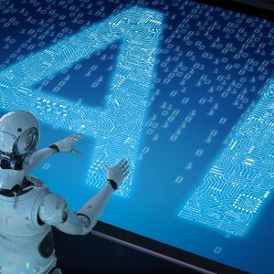 3d rendering humanoid robot with ai text in ciucuit pattern